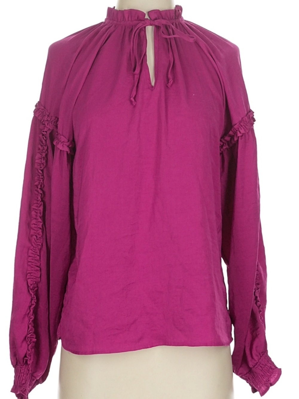 Ruffle-Trim Tie-Neck Blouse in Fuchsia